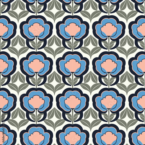 Tableau sur toile Soft Pastel Blue and Pink Floral Tile Seamless Pattern
