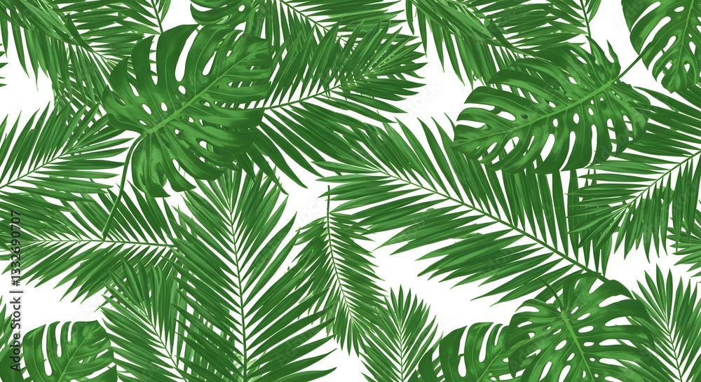 Tropical palm leaves pattern in bold green hues on a white background. Seamless Patterns Tropical palm leaves pattern in bold green hues on a white background. Seamless Patterns