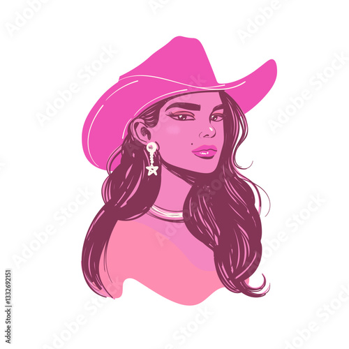 Modern long haired cowgirl wearing hat and earrings. Stylized western coquette aesthetic portrait.