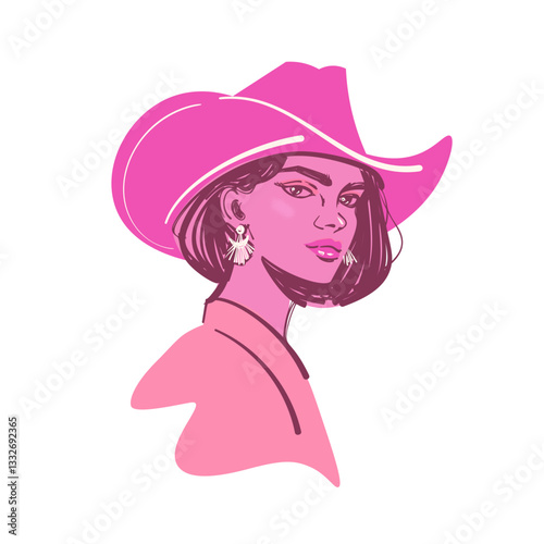 Modern cowgirl wearing hat, long bob hairstyle and earrings. Stylized western coquette aesthetic portrait.