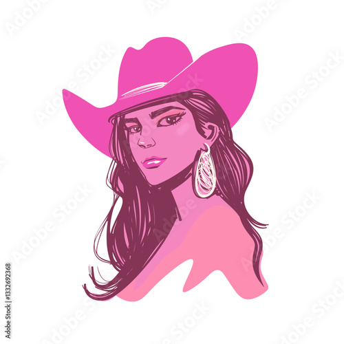 Modern long haired cowgirl wearing hat and earrings. Stylized western coquette aesthetic portrait.