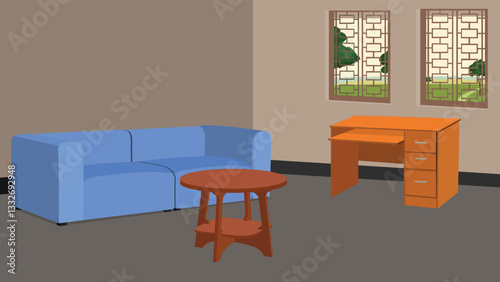 modern dining room vector background illustration.A living room with a blue couch and a wooden coffee table. There is a window in the room