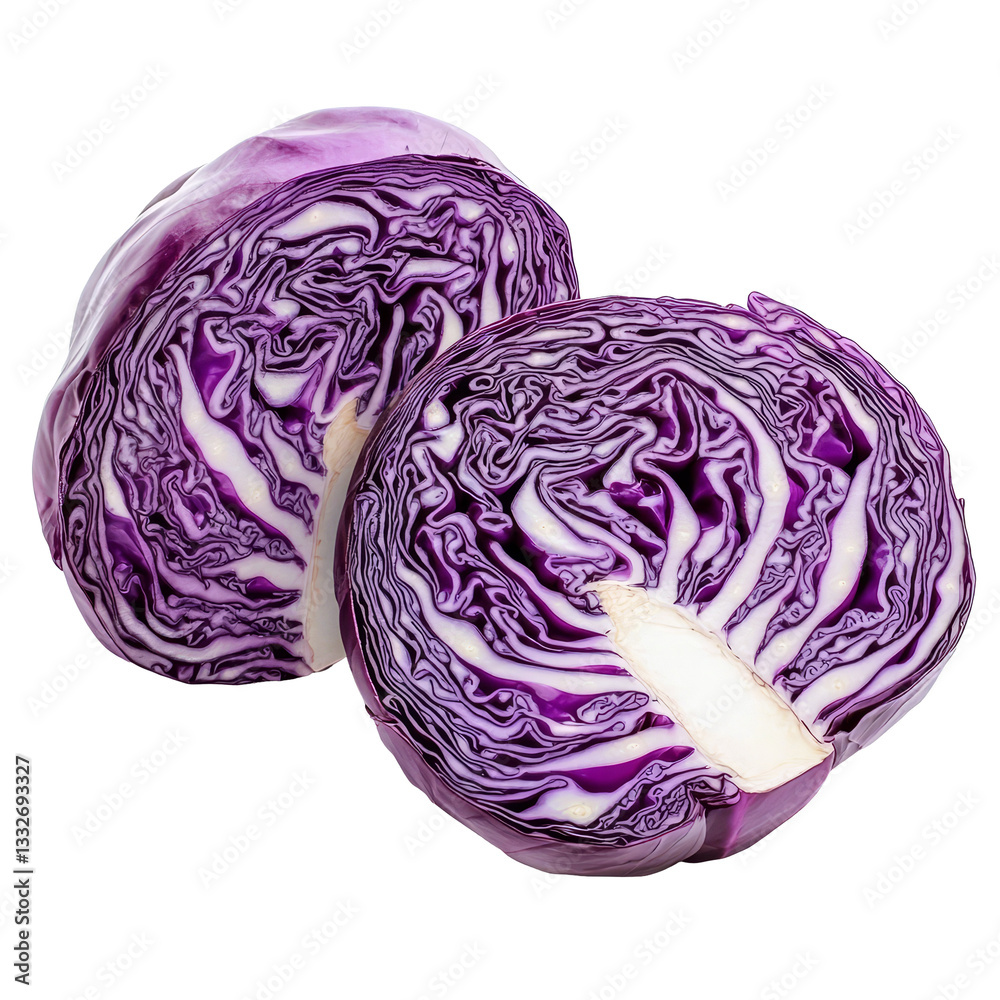 Obraz premium Sliced red cabbage displayed on a clean transparent surface highlighting its vibrant color and intricate internal patterns, Sliced red cabbage isolated on transparent background