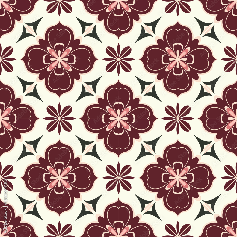 Classic Burgundy and White Floral Tile Seamless Pattern with Vintage Appeal Classic Burgundy and White Floral Tile Seamless Pattern with Vintage Appeal