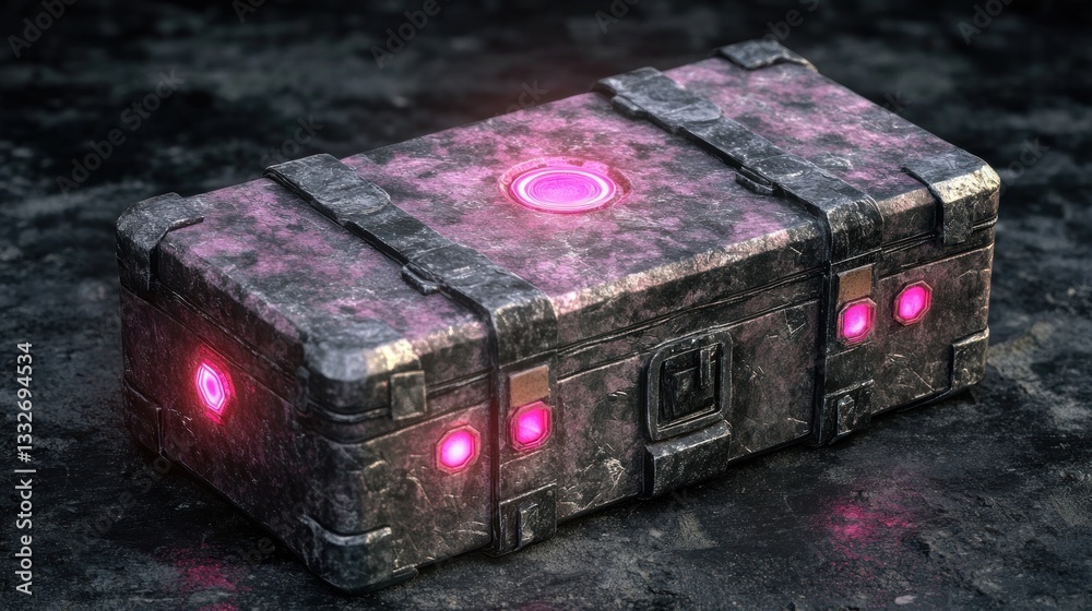 Obraz premium Rusty, glowing, military crate on dark floor