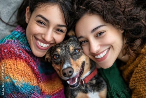 An LGBTQ couple with their beloved pet at home, cozy and loving environment photo