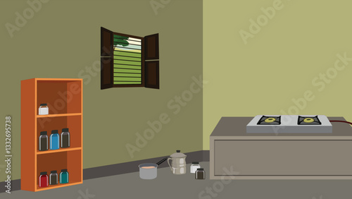Indian village kitchen indoor background vector illustration. A kitchen with a stove and a window. The window is open. There is a shelf with jars on it