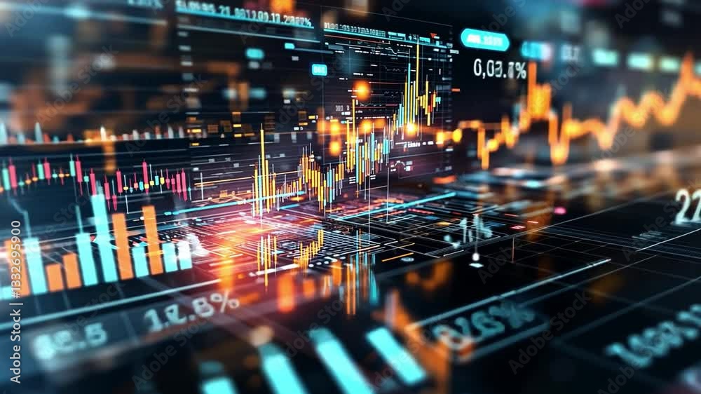 Dynamic stock market data visualization featuring graphs and analytics in 4K resolution
