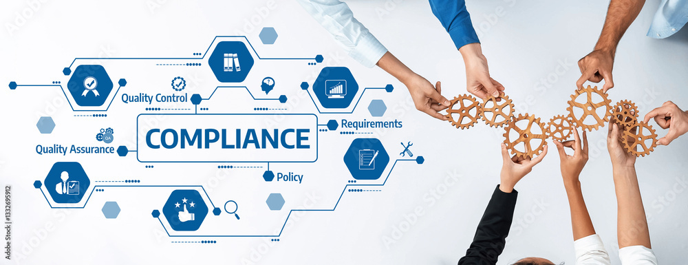 Obraz premium This image illustrates teamwork with hands uniting gears to signify compliance in a professional environment, highlighting quality control, requirements, and strategic planning. Amity