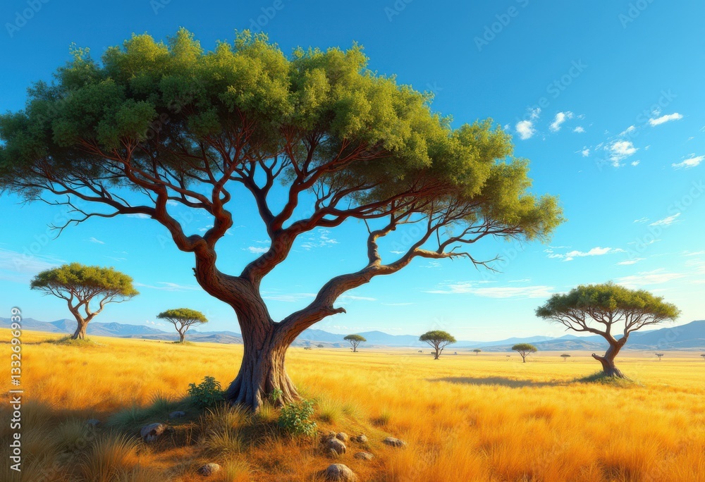 vibrant savannah landscape showcasing iconic acacia trees amidst lush greenery golden plains under clear blue sky, sunlight, nature, wildlife, grass, bushes vibrant savannah landscape showcasing iconic acacia trees amidst lush greenery golden plains under clear blue sky, sunlight, nature, wildlife, grass, bushes