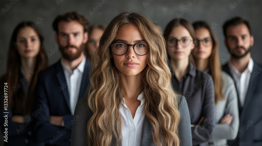 Confident woman with glasses standing in front of her diverse colleagues at work Confident woman with glasses standing in front of her diverse colleagues at work