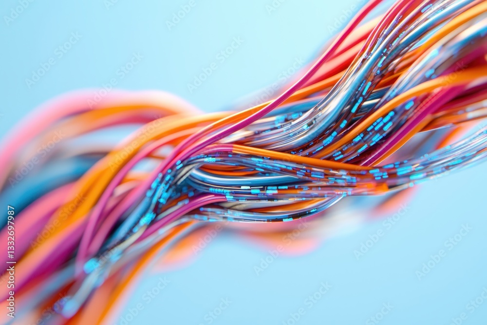 The flexibility of cable technology. Colorful wires intertwined against a blue background, showcasing a vibrant and dynamic design. The flexibility of cable technology. Colorful wires intertwined against a blue background, showcasing a vibrant and dynamic design.