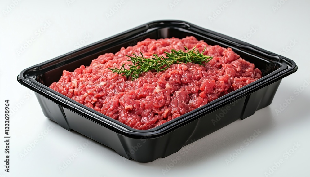 Fresh Ground Beef In A Dark Plastic Tray On A Clean White Surface. A Container With Uncooked Minced Meat Ready To Use. Fresh Ground Beef In A Dark Plastic Tray On A Clean White Surface. A Container With Uncooked Minced Meat Ready To Use.