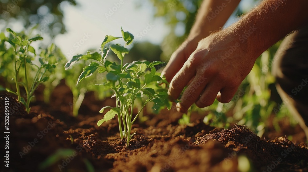 Fototapeta premium Farmer tending to organic crops on an organic farm with vibrant green plants and rich brown soil.