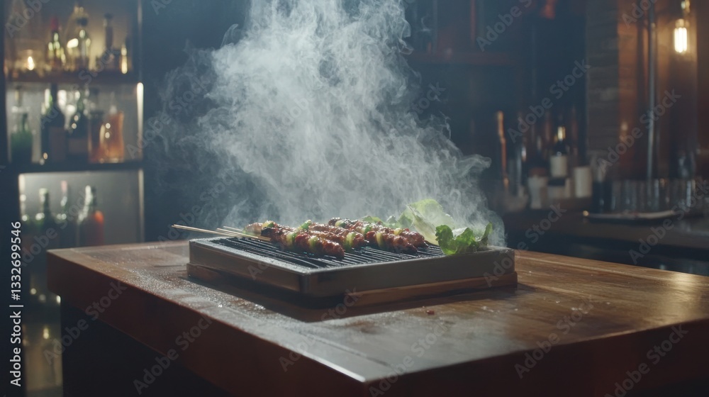 Obraz premium Smoky skewers grilling in a bar