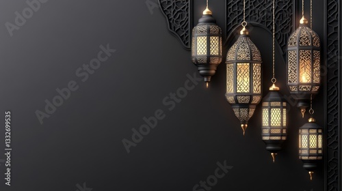 Hanging lanterns, dark wall, ornate design photo