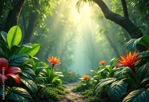 Fototapeta Naklejka Na Ścianę i Meble -  lush green foliage featuring diverse plant varieties vibrant shades textures stunning natural presentation, greenery, leaves, nature, botany, garden, jungle