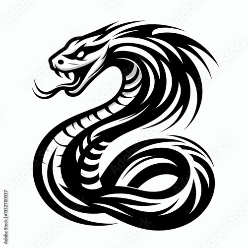 Illustration of tribal cobra with powerful symbolism, writhing and striking in black and white vector style for tattoos and t-shirt prints