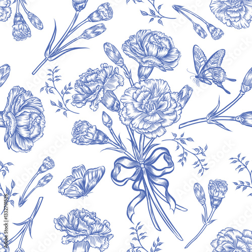 Seamless pattern of Carnations isolated on white background.