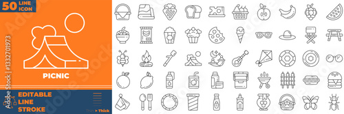 Picnic Line Editable Icons set. Vector illustration in modern thin line style of picnic icons: Basket, fruit, barbecue, badminton, etc