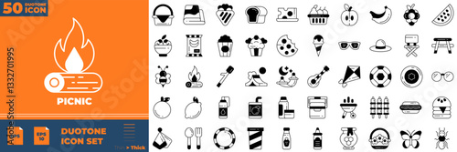 Picnic Duotone Editable Icons set. Vector illustration in modern thin duotone style of picnic icons: Basket, fruit, barbecue, badminton, etc