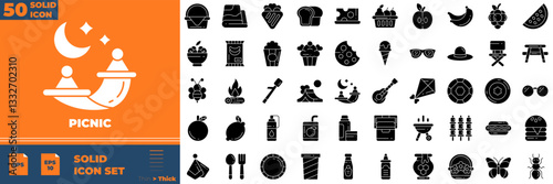 Picnic Solid Editable Icons set. Vector illustration in modern thin solid style of picnic icons: Basket, fruit, barbecue, badminton, etc