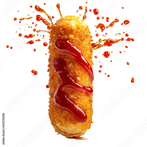 A Deep Fried Corn Dog with Ketchup and Mustard Splashed Isolated on Transparent Background