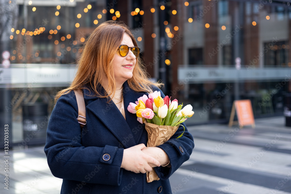 Beautiful young woman with spring tulips flowers bouquet walking at city street. Happy girl posing outdoors. Spring portrait of pretty female on urban background. High quality photo.