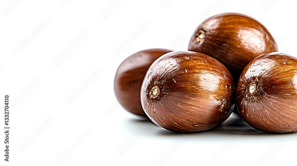 Fresh raw chestnuts with glossy brown shells isolated on white background, macro view showing natural texture and details for seasonal cooking. Fresh raw chestnuts with glossy brown shells isolated on white background, macro view showing natural texture and details for seasonal cooking.