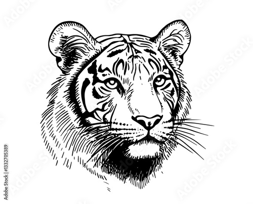 tiger head with detailed fur, doodle vector black sketch