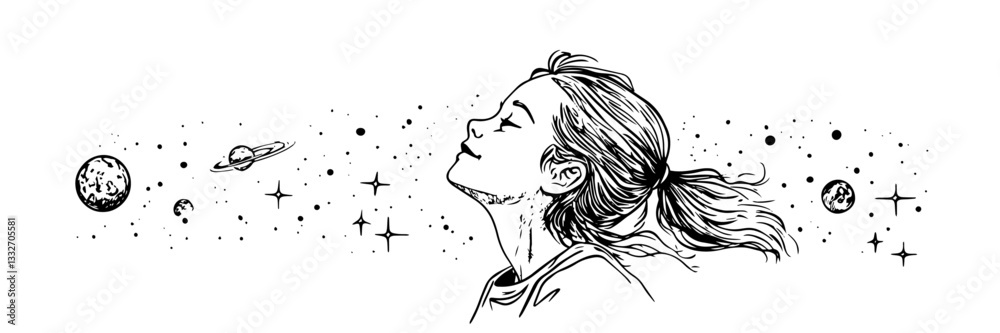 Fototapeta premium woman dreaming with cosmic elements, hand drawn vintage engraving