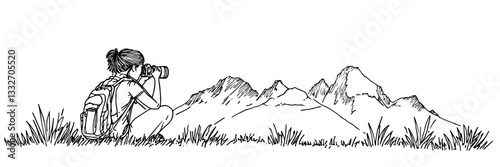 woman hiker observing mountains with binoculars, hand drawn vintage engraving