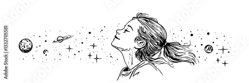 woman dreaming with cosmic elements, hand drawn vintage engraving