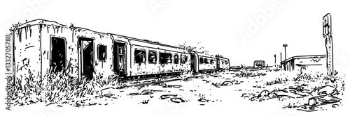 abandoned train cars on deserted railway, hand drawn vintage engraving