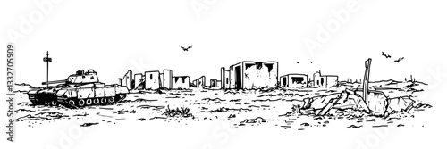 war-torn city with destroyed buildings and tank, hand drawn vintage engraving