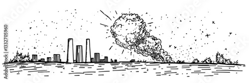 meteor crashing into city skyline, hand drawn vintage engraving