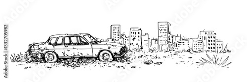 abandoned car in ruined city, hand drawn vintage engraving