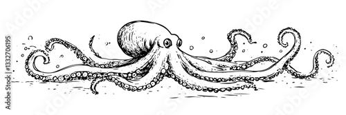 octopus with long tentacles, hand drawn vintage engraving