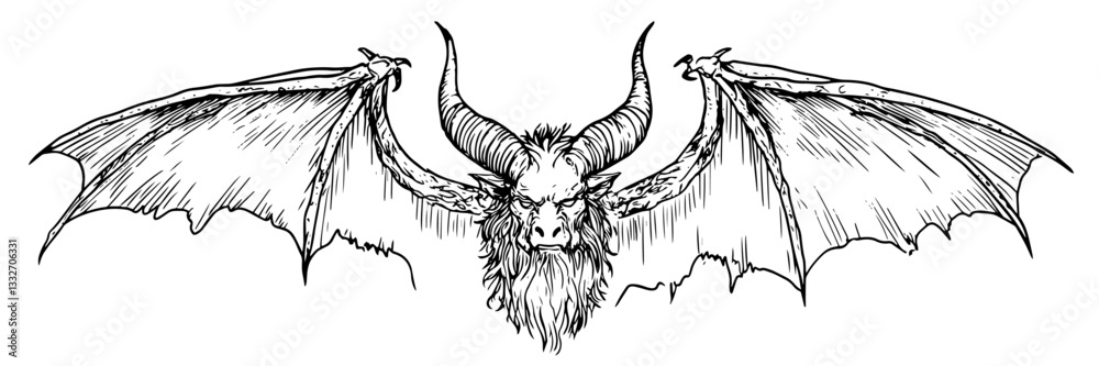 Fototapeta premium demonic bat-winged creature illustration doodle black vector ink sketch