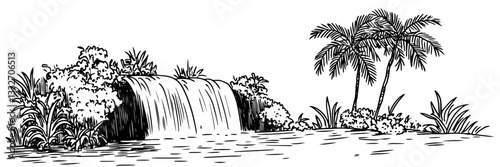 tropical waterfall landscape doodle black vector ink sketch