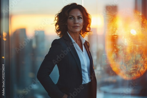 Confident businesswoman looking at sunset cityscape, reflecting on success and future opportunities.