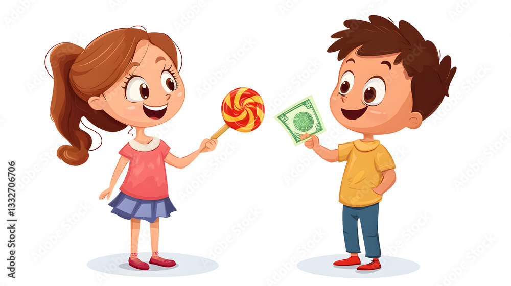 Cute Cartoon Girl Offering Boy Money for Lollipop Isolated on White Background Cute Cartoon Girl Offering Boy Money for Lollipop Isolated on White Background