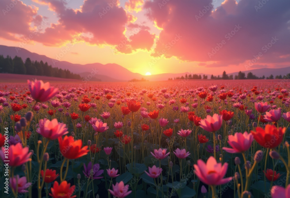 Obraz premium stunning wildflower fields bathed vibrant colors under dramatic sunset skies creating breathtaking natural landscape, flowers, sky, nature, clouds, horizon