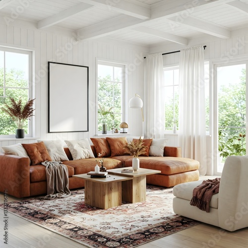 minimalist living room bathed in natural light from a large window. Frame mockup, Living room wall poster mockup. Interior mockup with house background. Modern interior design. 