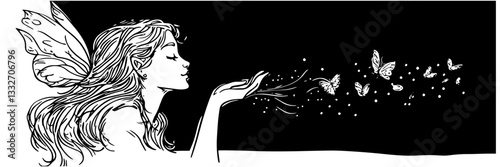 fairy blowing butterflies doodle black vector ink sketch