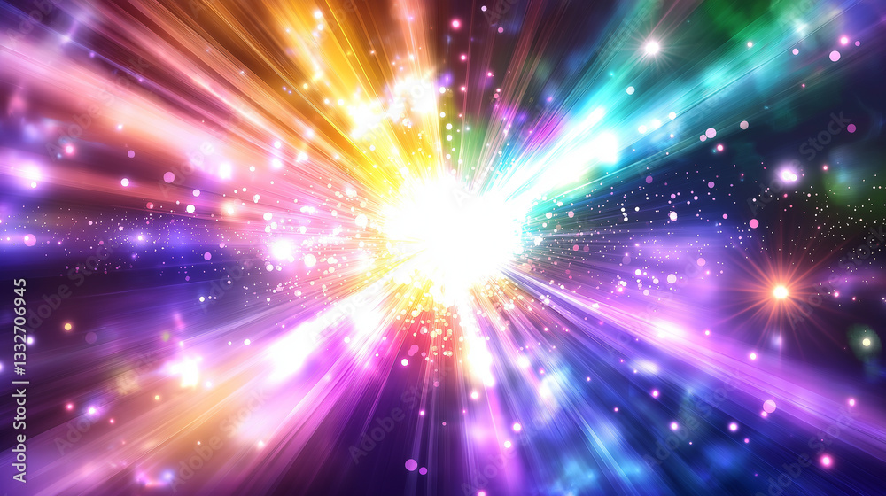 Naklejka premium Bunte kosmische Explosion mit strahlendem Licht und Regenbogenfarben im Weltall