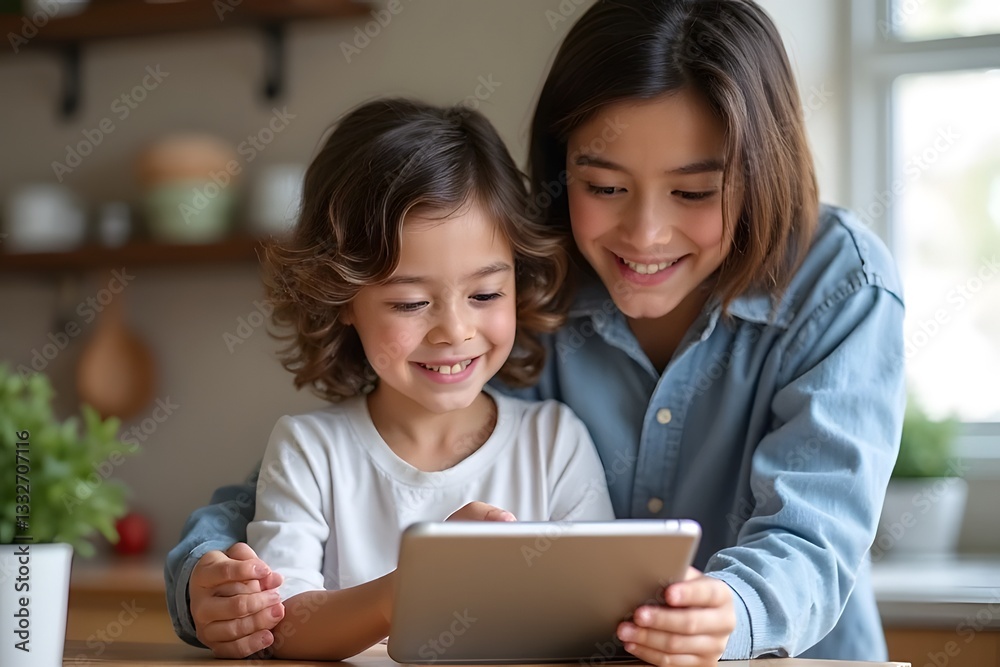 Two Sisters Sharing A Joyful Moment, Engrossed In A Tablet Game In Their Cozy Kitchen, Bathed In Warm, Natural Light Two Sisters Sharing A Joyful Moment, Engrossed In A Tablet Game In Their Cozy Kitchen, Bathed In Warm, Natural Light