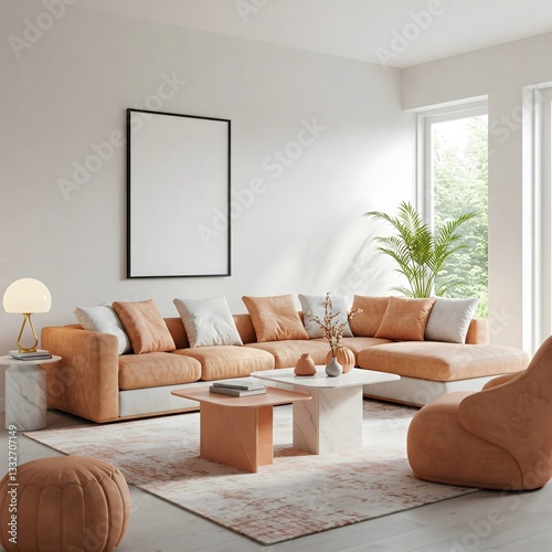 minimalist living room bathed in natural light from a large window. Frame mockup, Living room wall poster mockup. Interior mockup with house background. Modern interior design. 