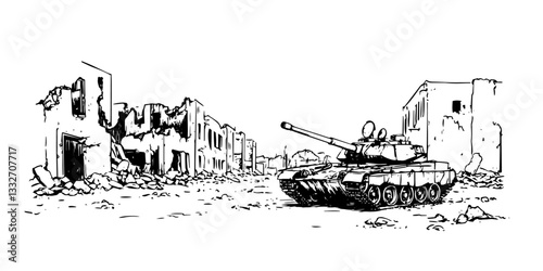 tank in war-torn city doodle black vector ink sketch