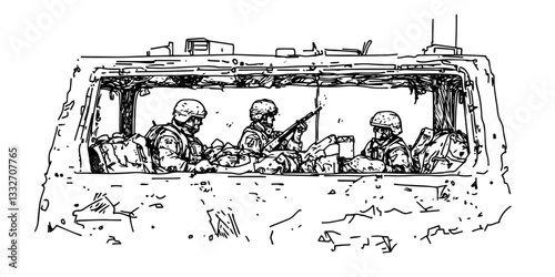 soldiers inside armored vehicle doodle black vector ink sketch